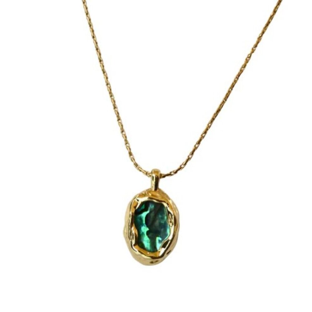Vintage Themed 18k Gold Plated Pendant and Chain, Faux Abalone Shell Inlay
